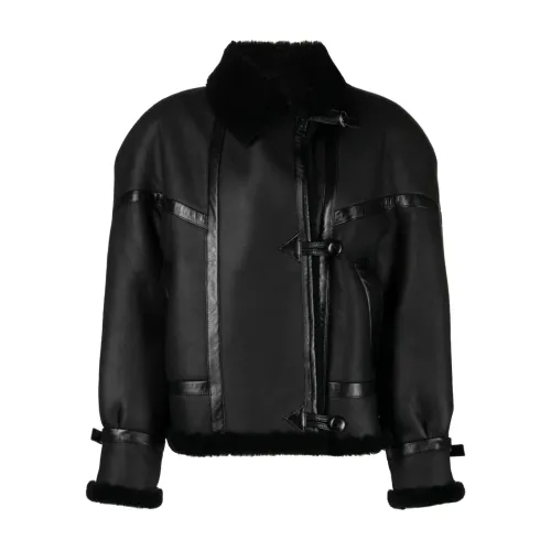 Saint Laurent , Black Shearling Coat with Wide Lapels and Front Pockets ,Black female, Sizes: