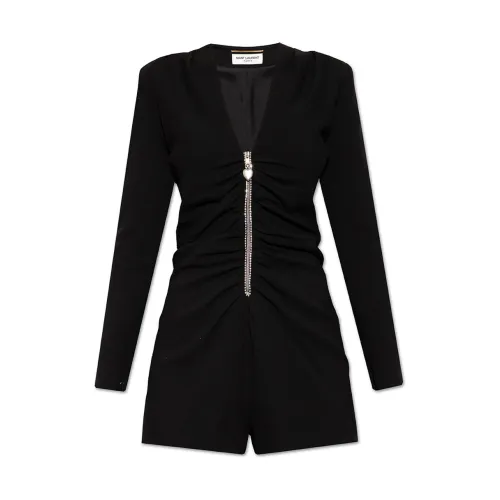 Saint Laurent , Black Silk V-Neck Jumpsuit with Crystal Zip ,Black female, Sizes: