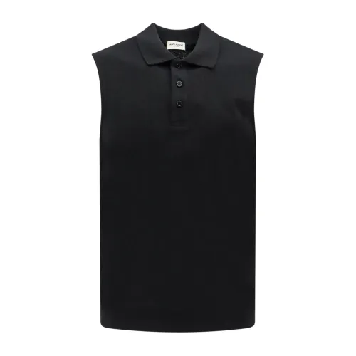 Saint Laurent , Black Sleeveless T-Shirt with Collar ,Black male, Sizes: