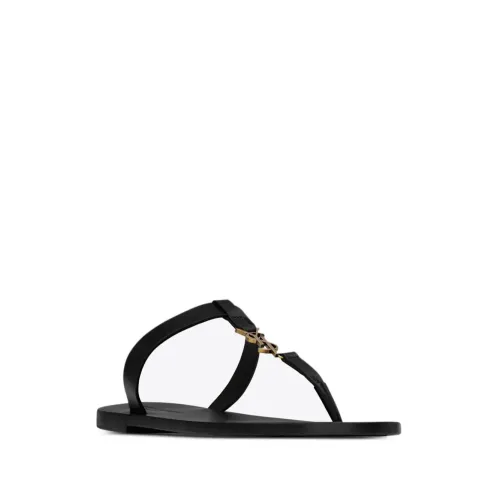 Saint Laurent , Black T-Strap Sandals with Metal Cassandre Decoration ,Black male, Sizes:
