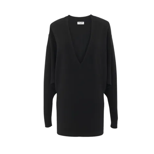 Saint Laurent , Black V-Neck Wool Dress ,Black female, Sizes: