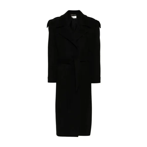 Saint Laurent , Black Wool-Cashmere Belted Coat ,Black female, Sizes: