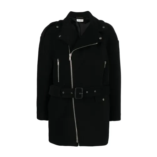 Saint Laurent , Black Wool Coat with Zipper and Removable Belt ,Black female, Sizes: