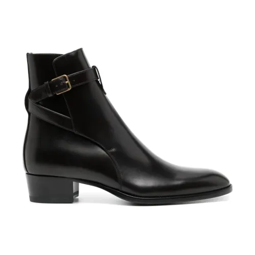 Saint Laurent , Brown Leather Boots with Adjustable Ankle Strap ,Brown male, Sizes: