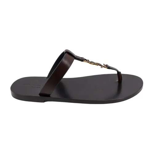 Saint Laurent , Brown Leather Sandals with Metal Monogram ,Brown male, Sizes:
