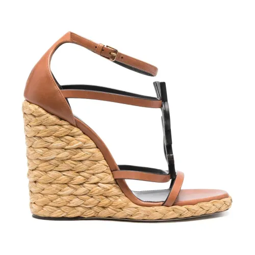 Saint Laurent , Brown Leather Wedge Sandals ,Brown female, Sizes: