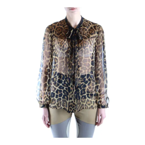Saint Laurent , Elegant Silk Long Sleeve Blouse ,Brown female, Sizes:
