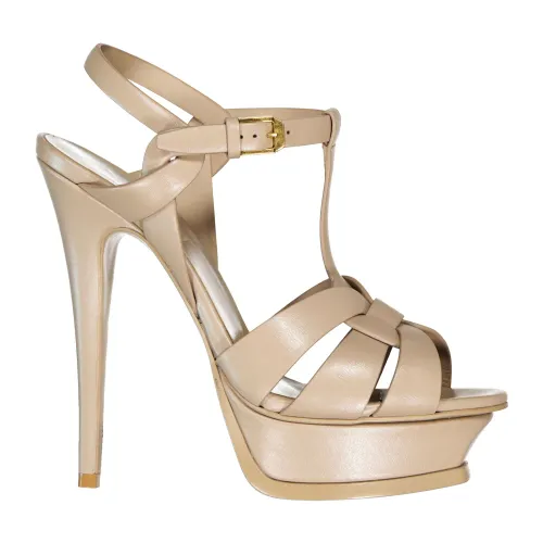 Saint Laurent , Elevate Style with High Heel Leather Sandals ,Beige female, Sizes: