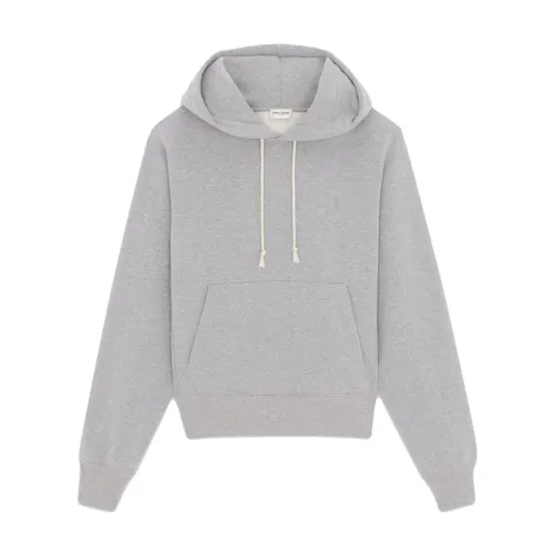 Saint Laurent , Grey Hooded Sweater with Cassandre Embroidery ,Gray male, Sizes: