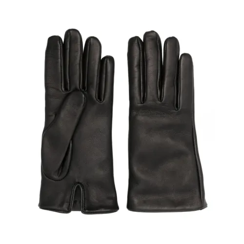 Saint Laurent , Jet Black Leather Gloves with Gold-Tone Logo Plaque ,Black female, Sizes: