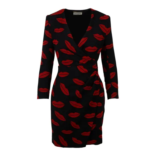 Saint Laurent , Lips Print Silk Wrap Dress ,Black female, Sizes: