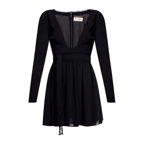 Saint Laurent , Long Sleeves V-Neck Dress ,Black female, Sizes: