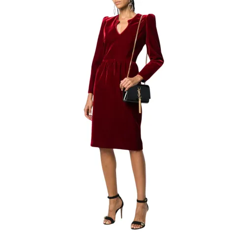 Saint Laurent , Red Velvet Midi Dress with Geometric Neckline ,Red female, Sizes: