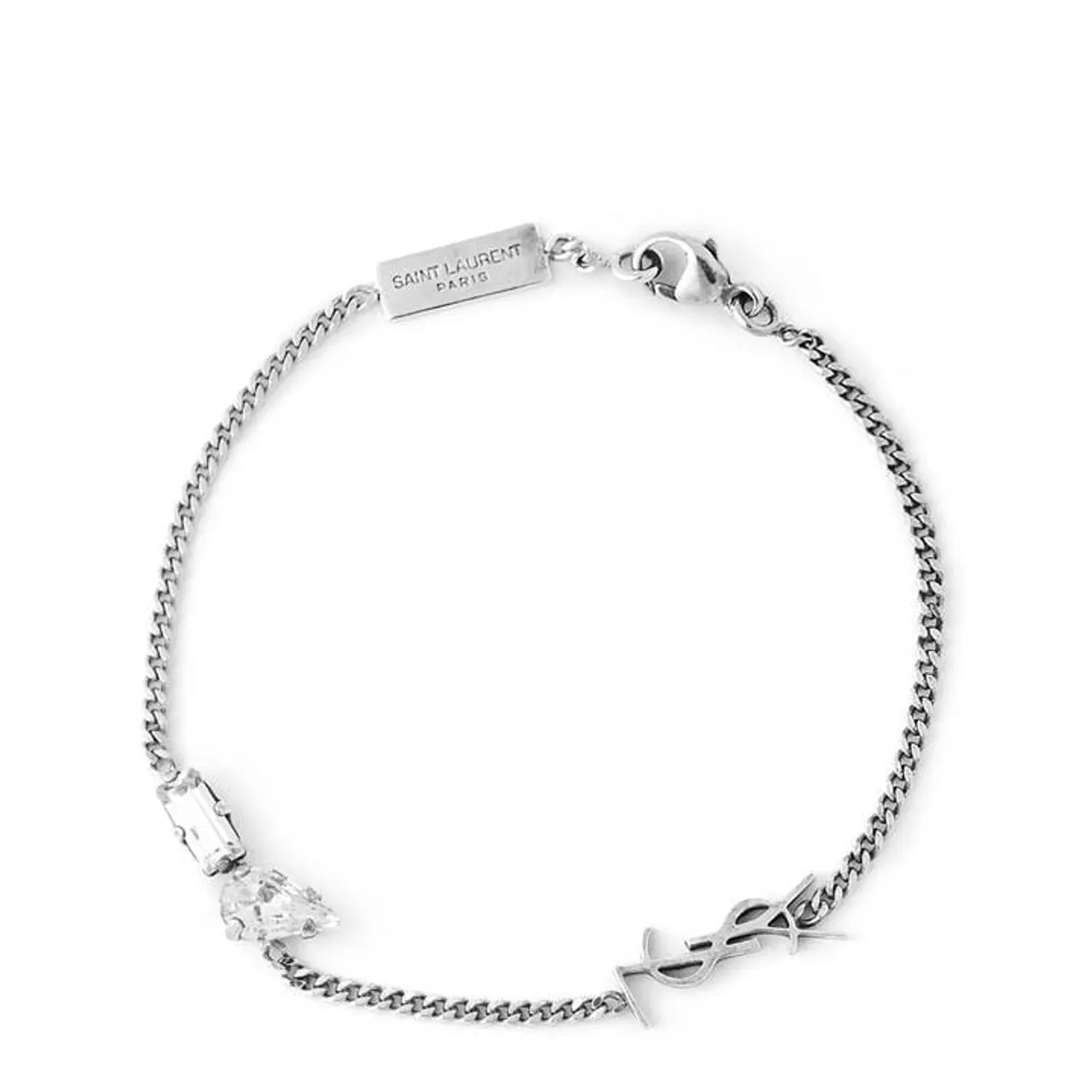 SAINT LAURENT Rhinestone Cassandre Charm Bracelet - Silver