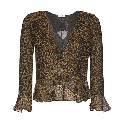 Saint Laurent , Ruffled Leopard Blouse ,Brown female, Sizes: