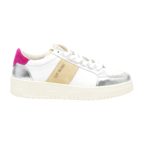 Saint Sneakers , White Leather Sneakers with Silver and Fuchsia Details ,White female, Sizes: