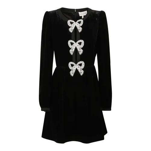 Saloni , Black Velvet Dress with Silver Bow Embroidery ,Black female, Sizes: