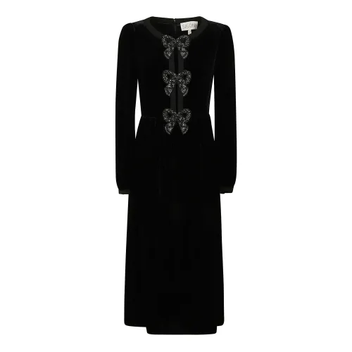 Saloni , Black Velvet Midi Dress ,Black female, Sizes: