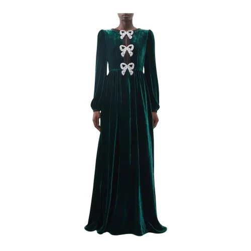 Saloni , Green Velvet Gown with Crystal Bow Accents ,Green female, Sizes: