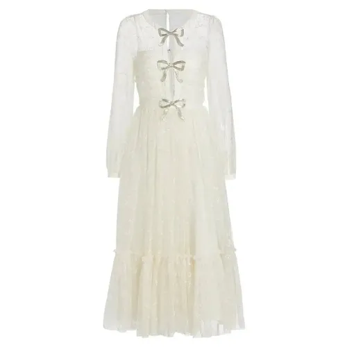 Saloni , Saloni Camille Tulle Tiered Midi-Dress ,Beige female, Sizes: