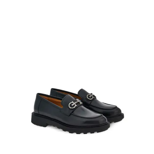 Salvatore Ferragamo , Black Gancini-Plaque Leather Loafers ,Black male, Sizes: