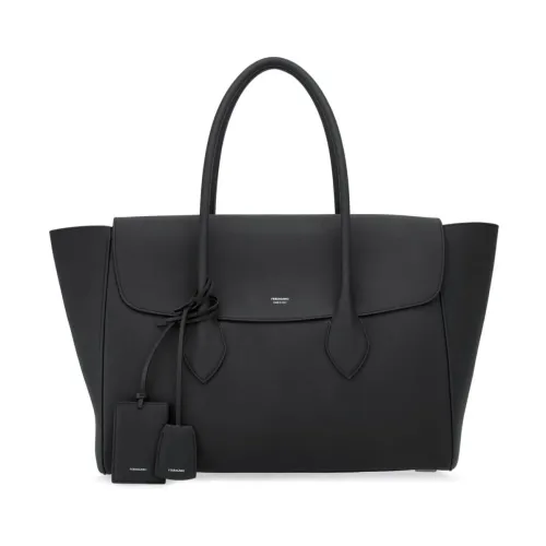 Salvatore Ferragamo , Black Hammered Leather Tote Bag with Silver Hardware ,Black male, Sizes: ONE SIZE