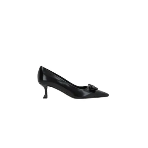 Salvatore Ferragamo , Black Leather Décolleté with Tonal Graphic Detail and Stiletto Heel ,Black female, Sizes: