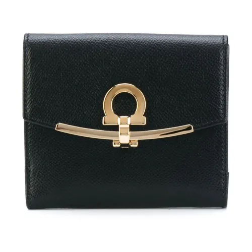 Salvatore Ferragamo , Black Leather Flap Wallet with Multiple Card Compartments ,Black female, Sizes: ONE SIZE