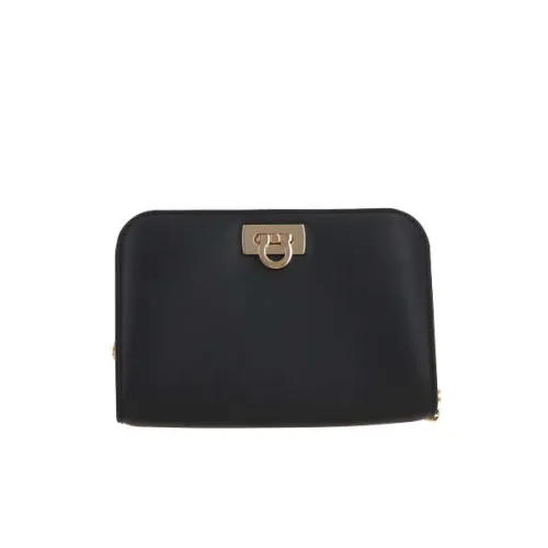 Salvatore Ferragamo , Black Smooth Leather Clutch with Gold Hardware and Removable Chain Strap ,Black female, Sizes: ONE SIZE