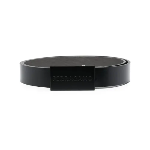 Salvatore Ferragamo , Leather Belt With Logo-Engraved Buckle ,Black male, Sizes: