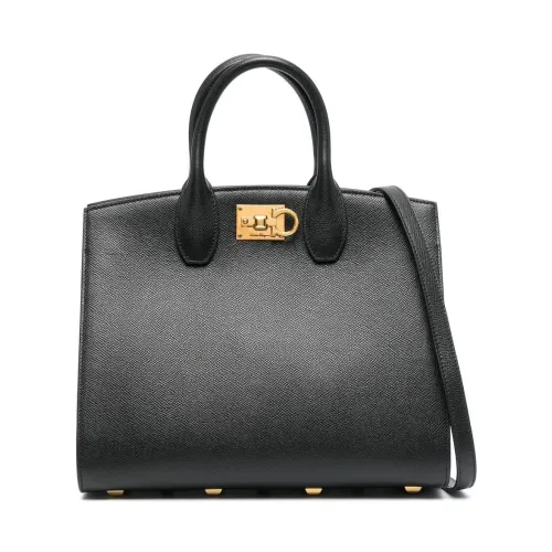 Salvatore Ferragamo , Textured Black Leather Handbag with Gold Hardware ,Black female, Sizes: ONE SIZE