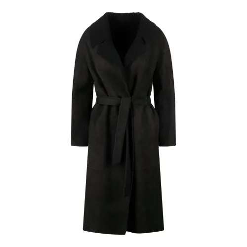 Salvatore Santoro , Shearling-lined Suede Long Coat ,Black female, Sizes: