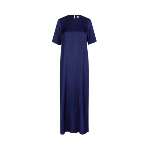 Samsøe Samsøe , Blue Long Satin Dress with Short Sleeves ,Blue female, Sizes: