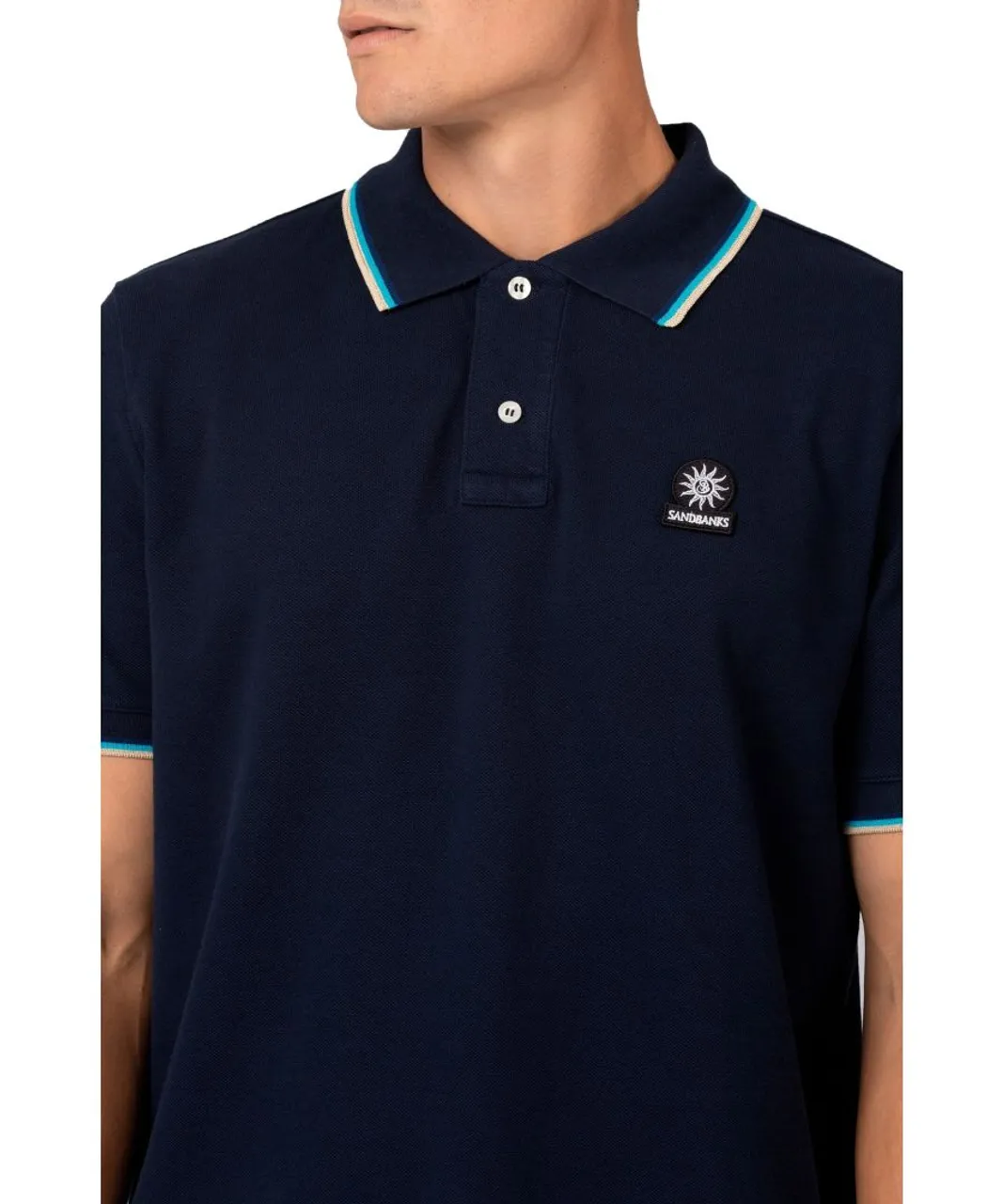 Sandbanks Mens Badge Logo Tipped Sleeve Polo Shirt Navy