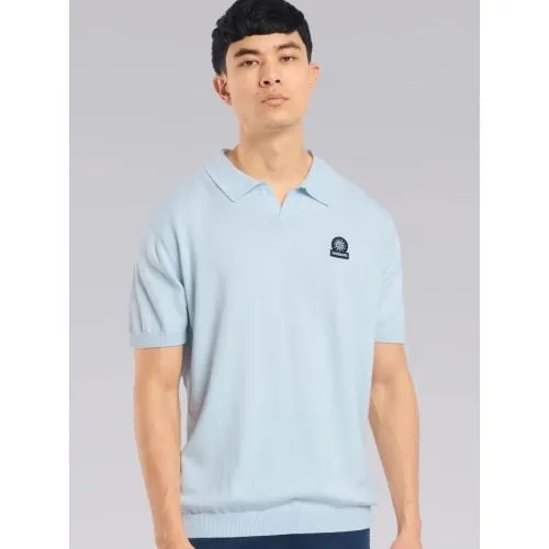 Sandbanks Mens Crystal Blue Knitted Open Collar Polo Shirt