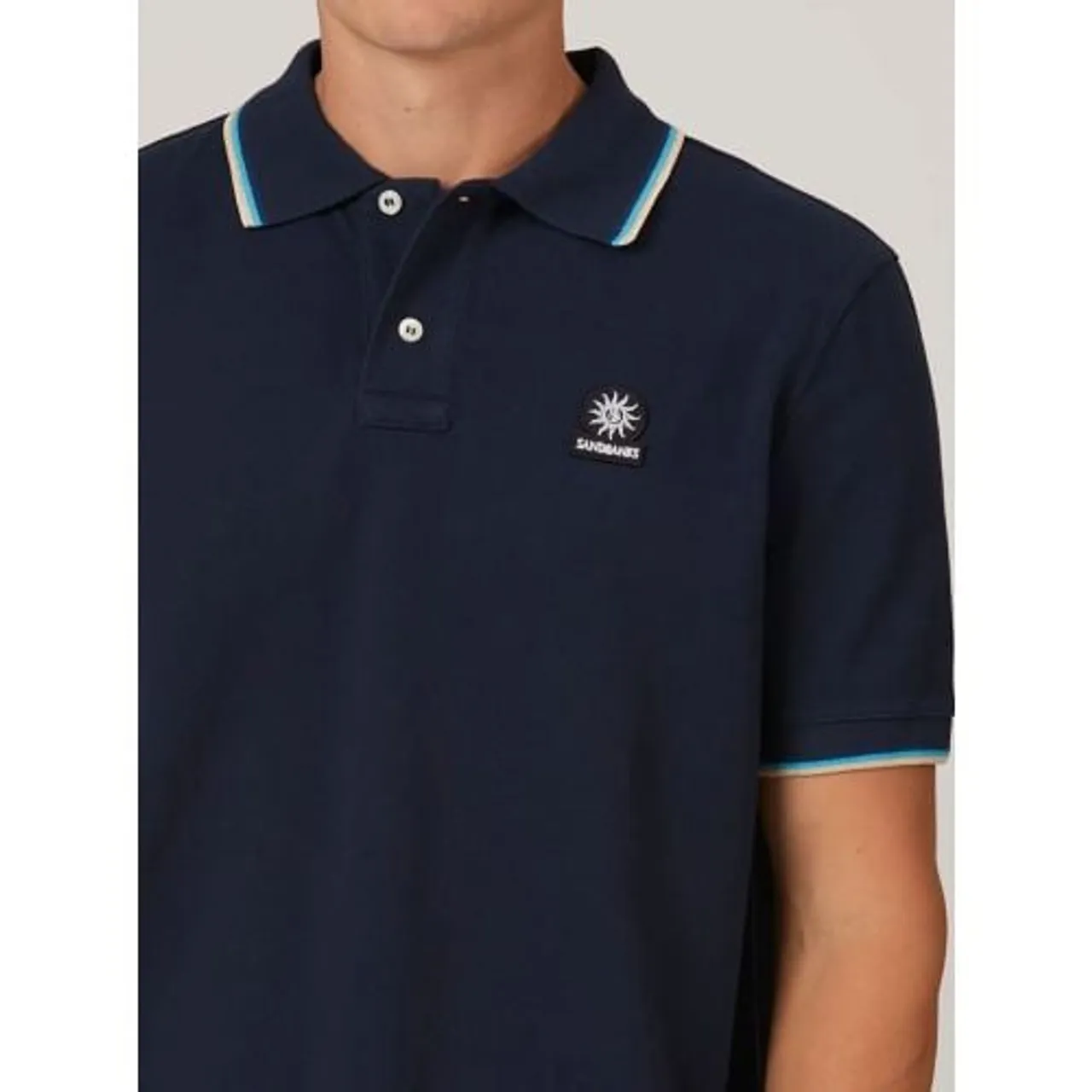 Sandbanks Mens Navy Badge Logo Tipped Sleeve Polo Shirt