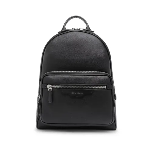 Santoni , Black Leather Backpack with Multiple Pockets ,Black male, Sizes: ONE SIZE