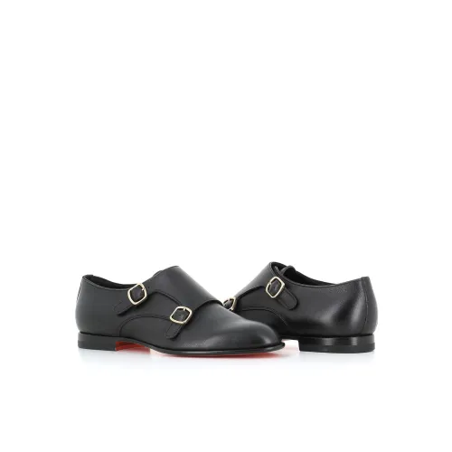 Santoni , Black Leather Double Buckle Flat Shoes ,Black male, Sizes: