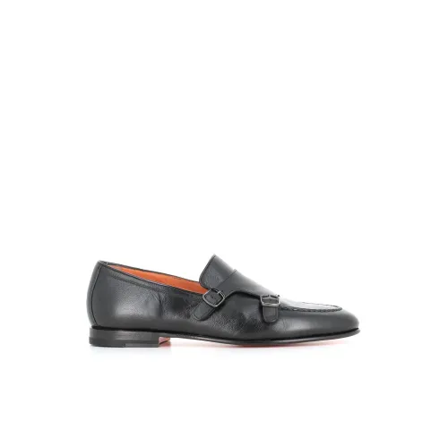 Santoni , Black Leather Moccasin Sandals ,Black male, Sizes: