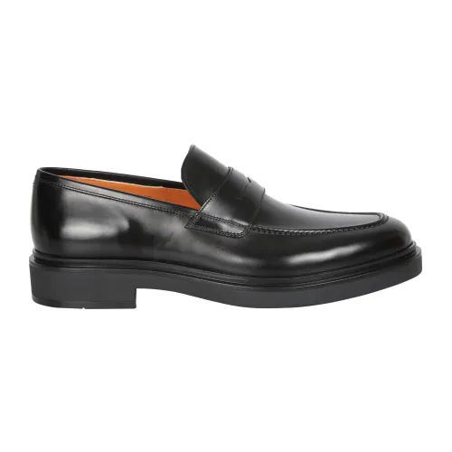 Santoni , Black Leather Penny Loafers ,Black male, Sizes: