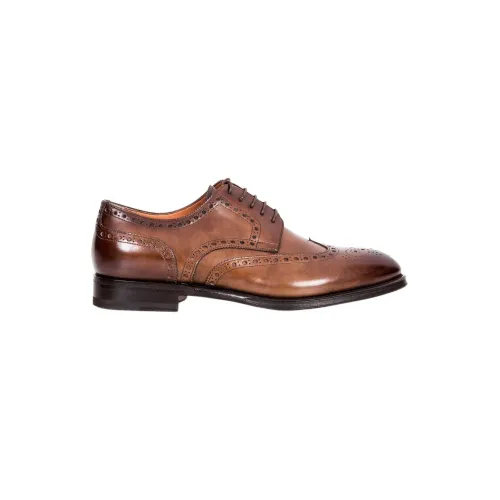 Santoni , Brown Leather Men`s Brogue Shoes with Stitching ,Brown male, Sizes: