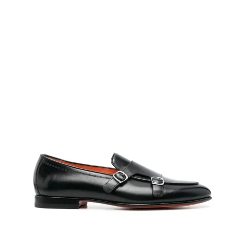 Santoni , Double Buckle Leather Mocassins with Leather Sole ,Black male, Sizes: