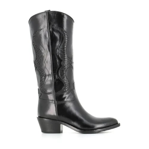 Sartore , Vintage Black Leather Python Detail Boots ,Black female, Sizes:
