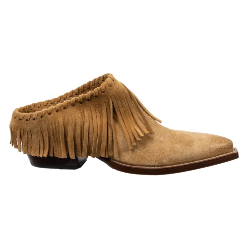 Sartore , Women mules shoes with heel in suede leather with fringes ,Brown female, Sizes:
