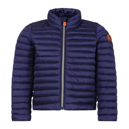 Save The Duck , Blue Quilted Down Jacket with Orange Logo ,Blue unisex, Sizes: