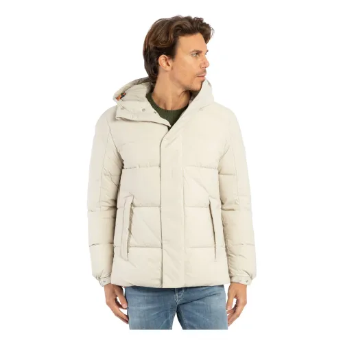 Save The Duck , Cream Down Jacket with High Collar ,Beige male, Sizes: