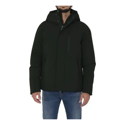 Save The Duck , Dark Green Hooded Jacket with High Collar ,Green male, Sizes: