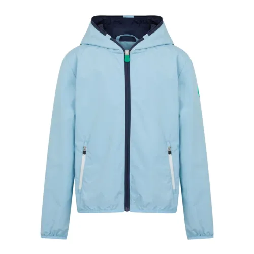 Save The Duck , Light Blue Coats with Hood and Zipper Pockets ,Blue male, Sizes: