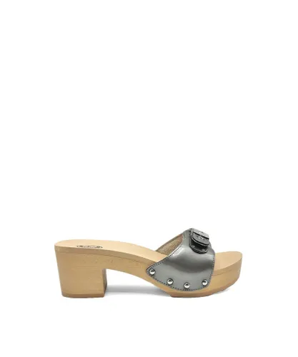 Scholl WoMens 'Pescura Ibiza' Leather Heeled Wooden Sandal - Silver