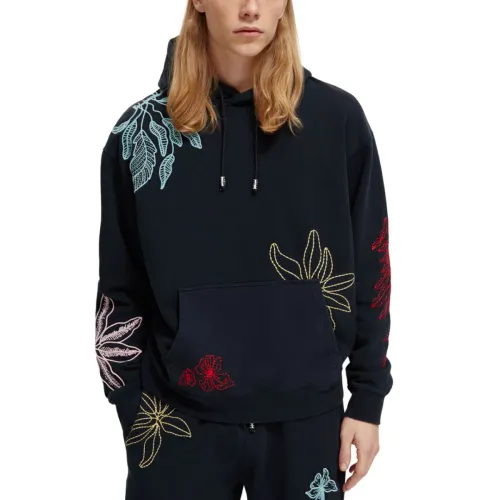 Scotch & Soda , Hooded Sweatshirt with Floral Embroidery ,Blue male, Sizes: